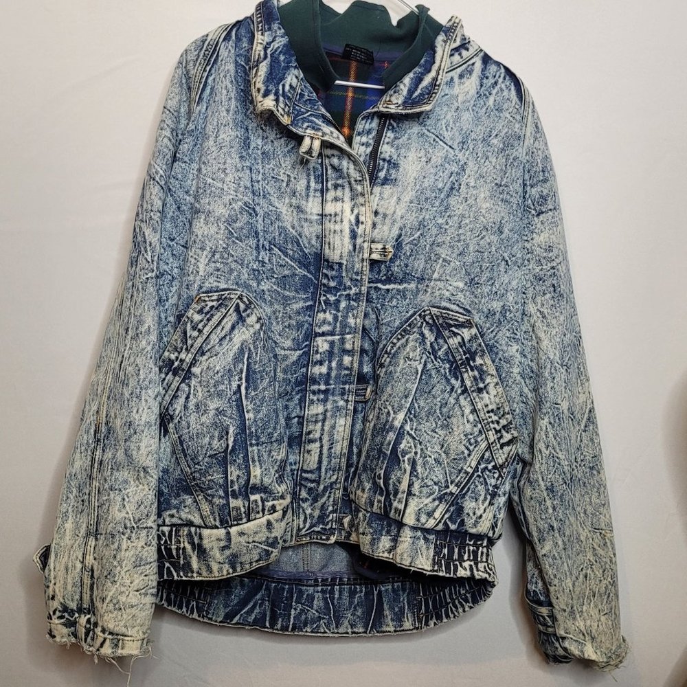 Vintage Denim Jacket Miss Gallery Bomber Style Flannel Lined Stone Acid Wash Lrg